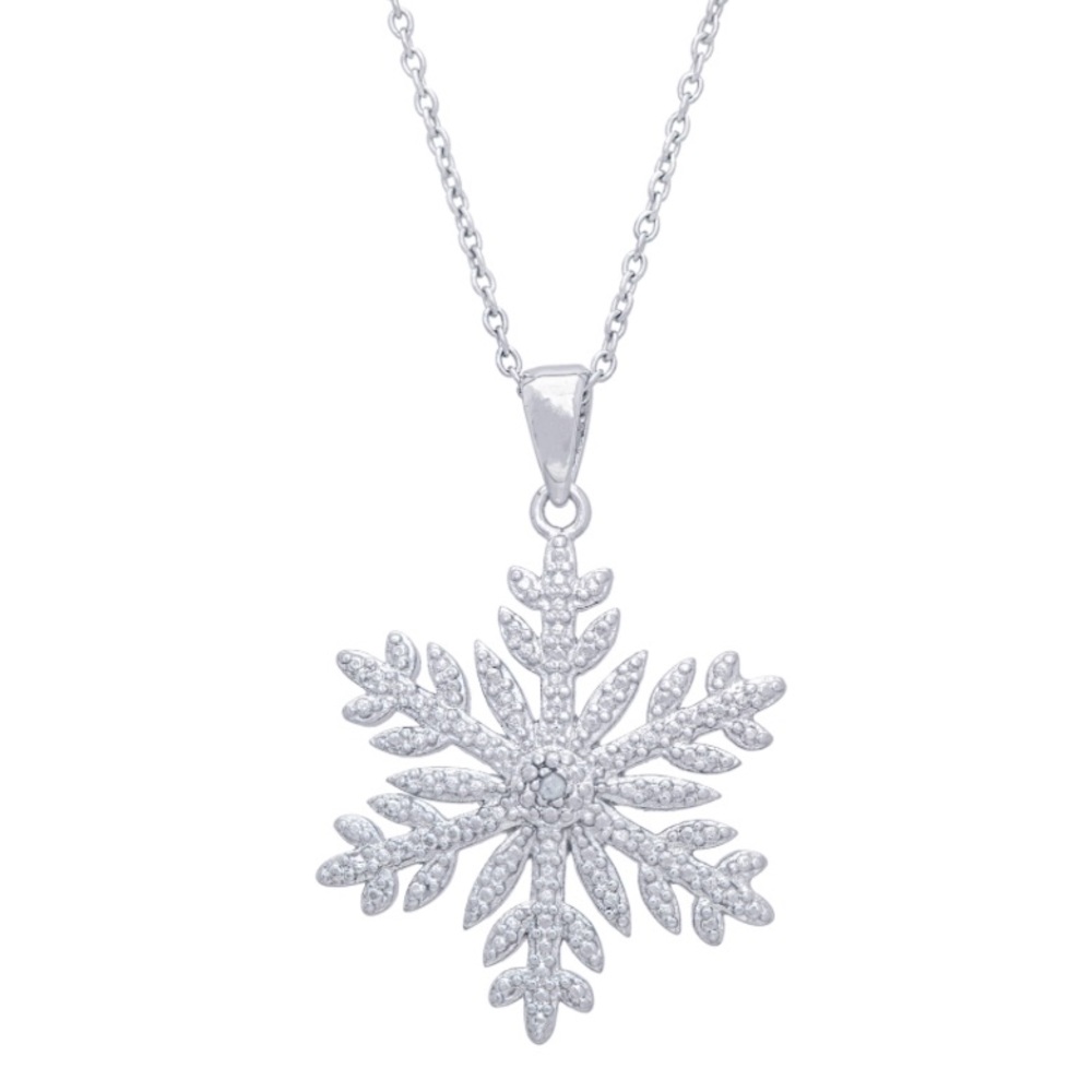 NWT Silver Plated Diamond Accent Snowflake Pendant Necklace 17” Chain - Picture 2 of 8